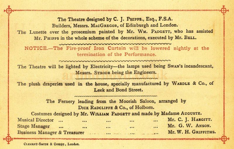 The opening night programme for the Prince's Theatre on the Friday the 18th of January 1884 - Courtesy Alison Piano