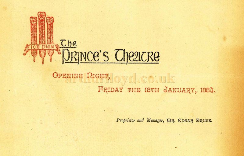The opening night programme for the Prince's Theatre on the Friday the 18th of January 1884 - Courtesy Alison Piano