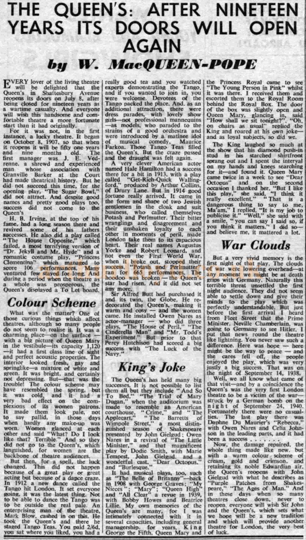 An article by W. MacQueen-Pope on the reopening of the Queen's Theatre in 1959 - From The Stage, June 4th, 1959.
