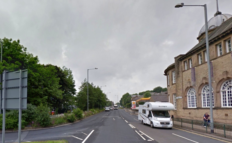 A Google StreetView Image showing, to the left, the site of the former Grand Theatre, Palace Cinema, Rawtenstall in June 2016 - Click to Interact. 