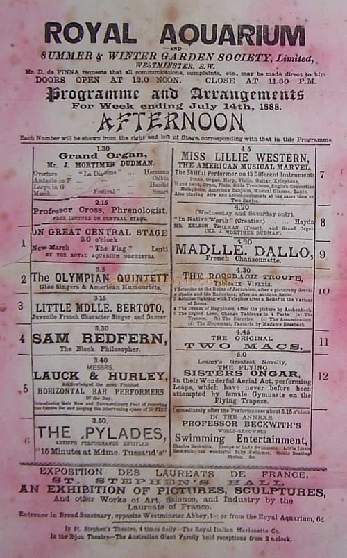 A Programme for the Royal Aquarium July 14th 1888 