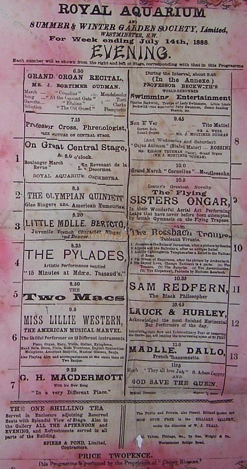 A Programme for the Royal Aquarium July 14th 1888 