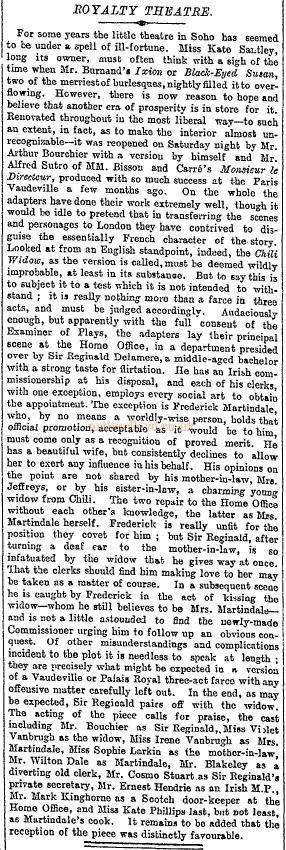The Times review for 'The Chili Widow' at the Royalty Theatre which reopened the Theatre on the 7th September 1895