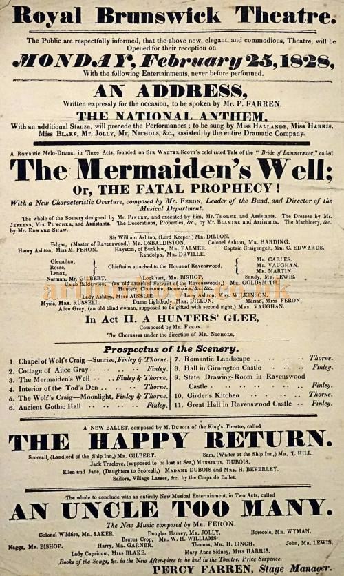The opening programme for the Royal Brunswick Theatre on the 25th of February 1828 - Courtesy Phil Mernick.