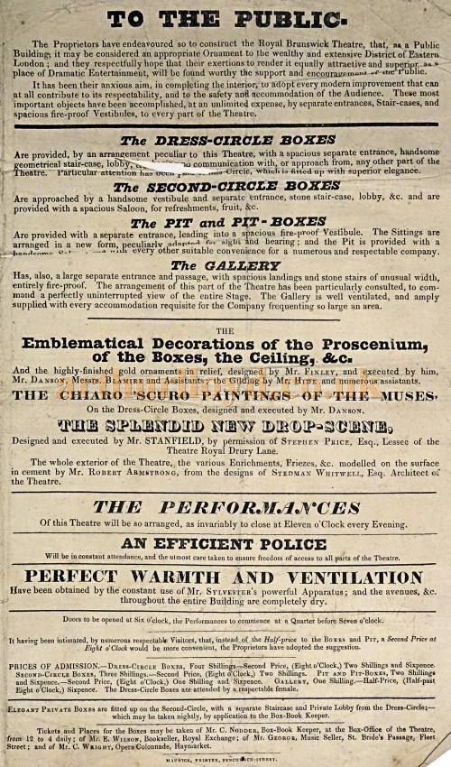 The opening programme for the Royal Brunswick Theatre on the 25th of February 1828 - Courtesy Phil Mernick.