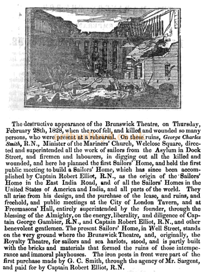 Details of the destruction of the Brunswick Theatre and the building of the sailors' home on the site - From the Mariners' Church Gospel Temperance Soldiers' and Sailors' Magazine of January 1843 