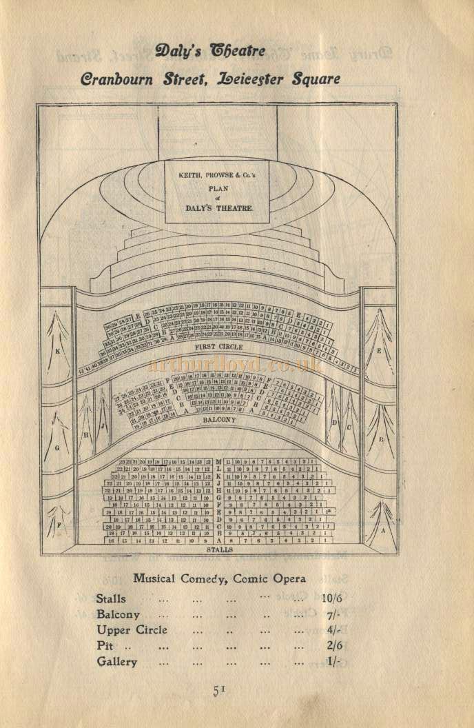 Daly's Theatre Seating Palan - Pre 1905 - Click for Details of the Theatre