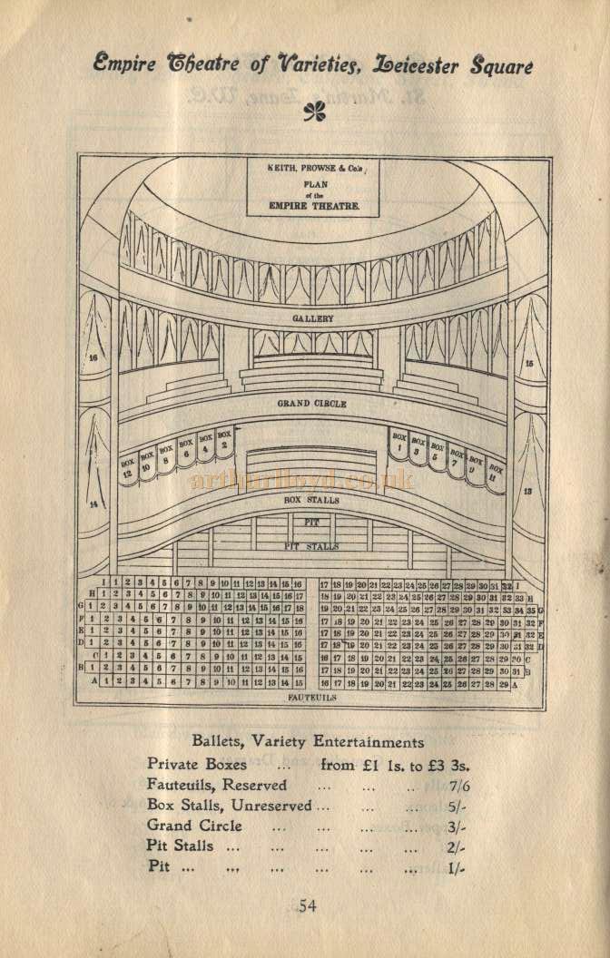 Empire Theatre of Varieties Seating Palan - Pre 1905 - Click for Details of the Theatre