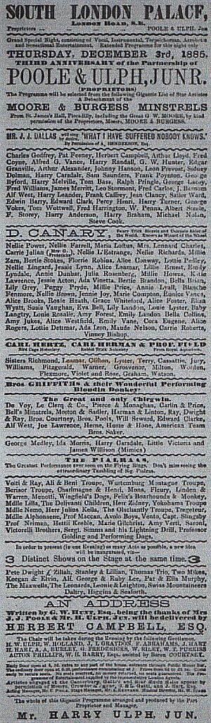 A South London Palace Bill with Arthur Lloyd for December 3rd 1885