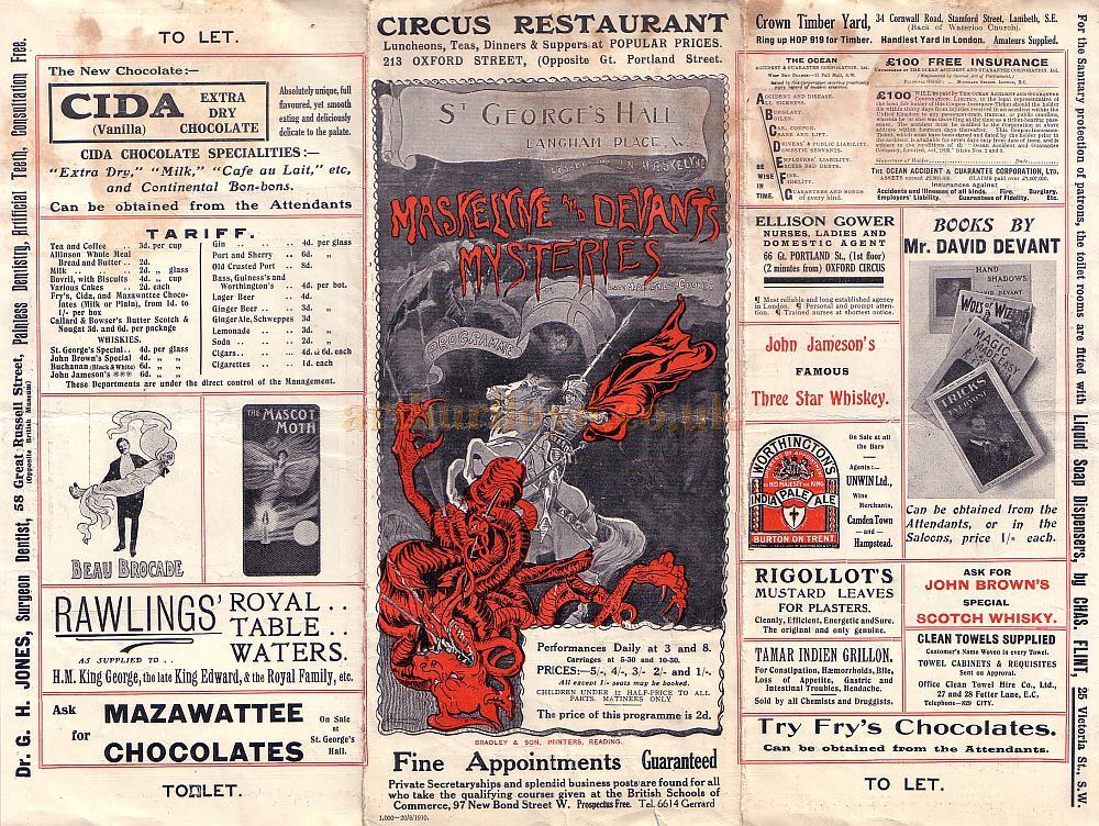 Programme for 'Maskelyne and Devant's Mysteries' at the St. George's Hall in August 1910 