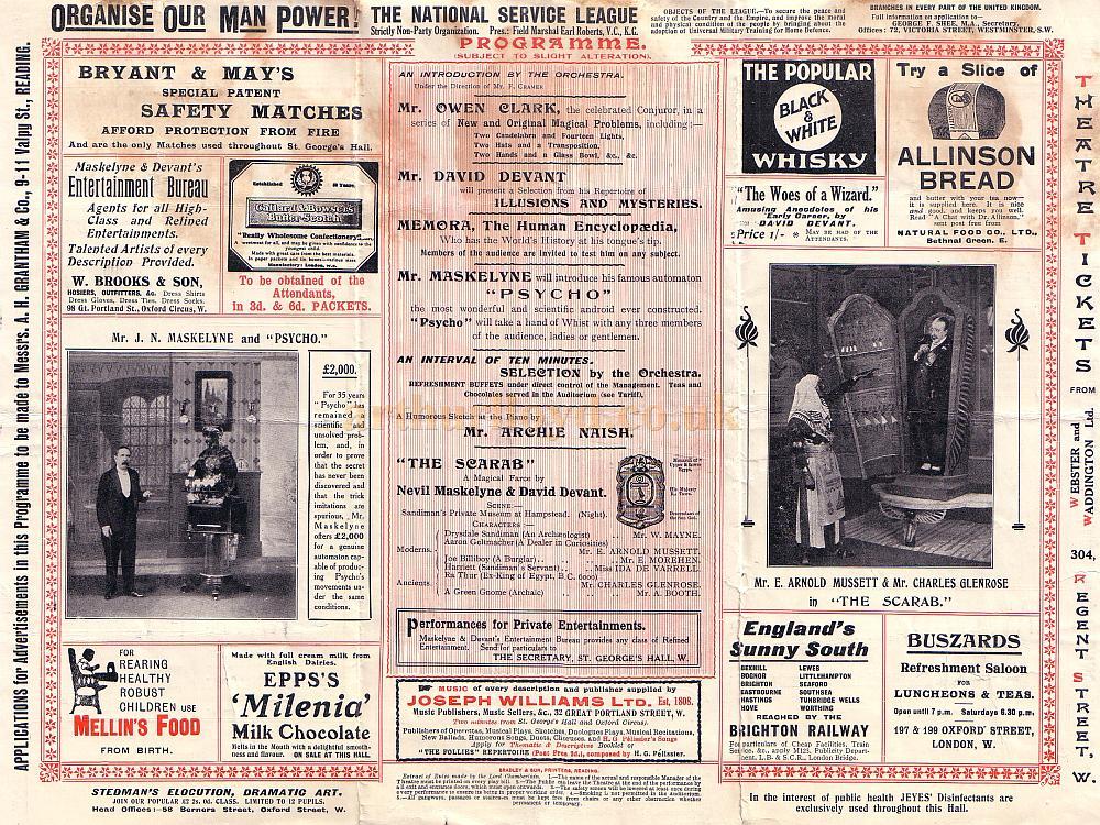 Programme for 'Maskelyne and Devant's Mysteries' at the St. George's Hall in August 1910 
