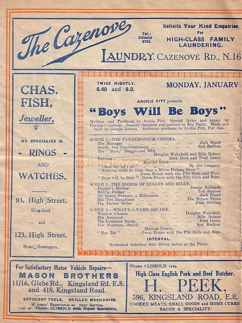 Programme for Boys Will Be Boys' at the Alexandra Theatre, Stoke Newington