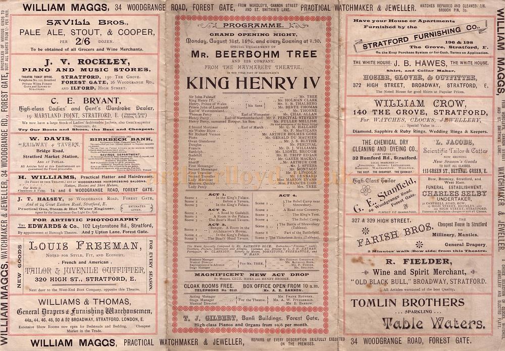 The opening night programme for 'King Henry IV' at the Borough Theatre, Stratford East on Monday August the 31st 1896