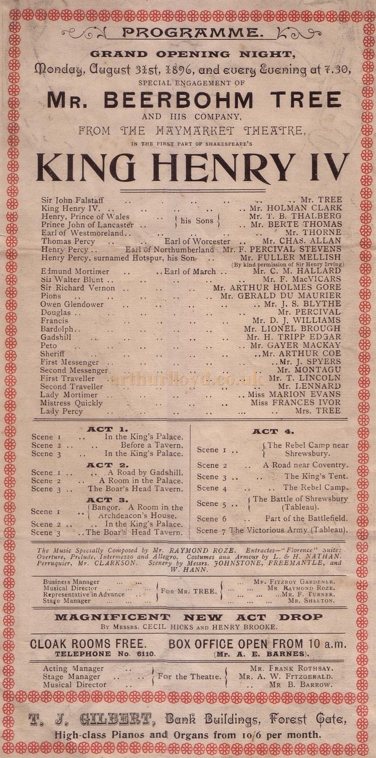 The opening night programme for 'King Henry IV' at the Borough Theatre, Stratford East on Monday August the 31st 1896