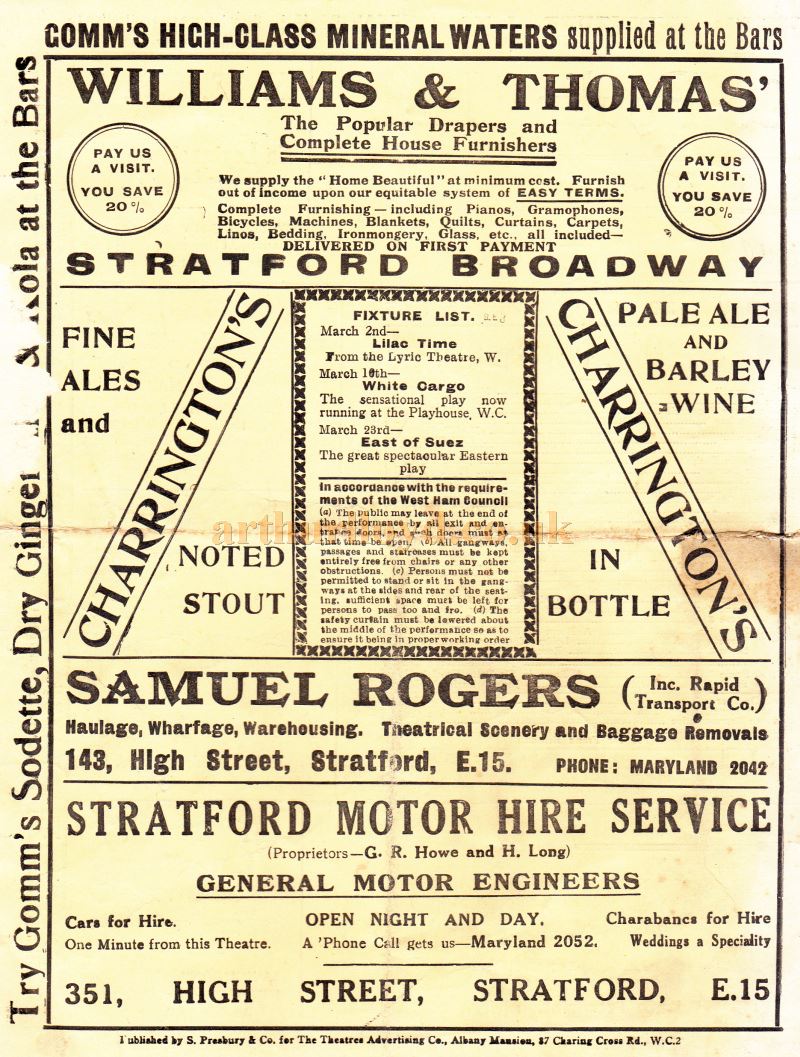A Programme for 'Hamlet' and 'The School For Scandal' at the Borough Theatre, Stratford East on February 26th / 27th 1925