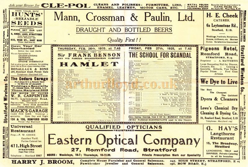 A Programme for 'Hamlet' and 'The School For Scandal' at the Borough Theatre, Stratford East on February 26th / 27th 1925