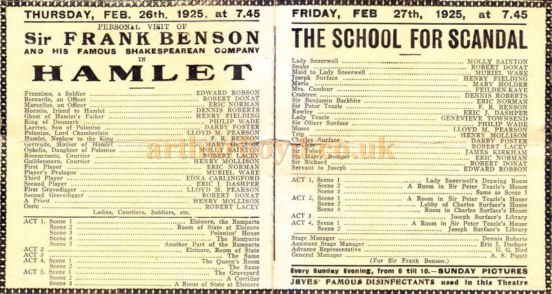 A Programme for 'Hamlet' and 'The School For Scandal' at the Borough Theatre, Stratford East on February 26th / 27th 1925