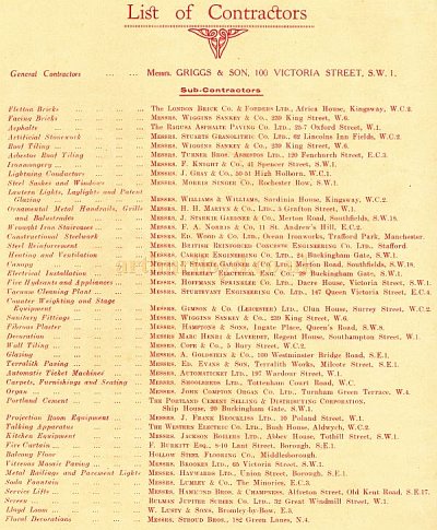 A List of Contractors involved with the building of the Streatham Astoria - From the Opening Programme for the Streatham Astoria - Courtesy Ron Knee Archive. 