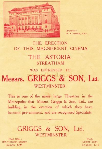 An Advertisement for Griggs & Son Ltd., builders of the Streatham Astoria - From the Opening Programme for the Streatham Astoria - Courtesy Ron Knee Archive.