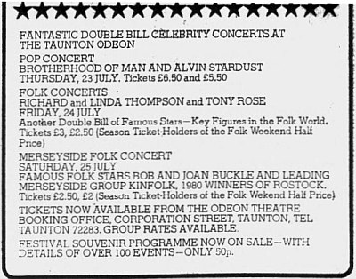 An Advertisement for a variety of 'Celebrity Concerts' to be held at the Odeon, Taunton in 1981 - From the Bristol Evening Post, 17th of July 1981.