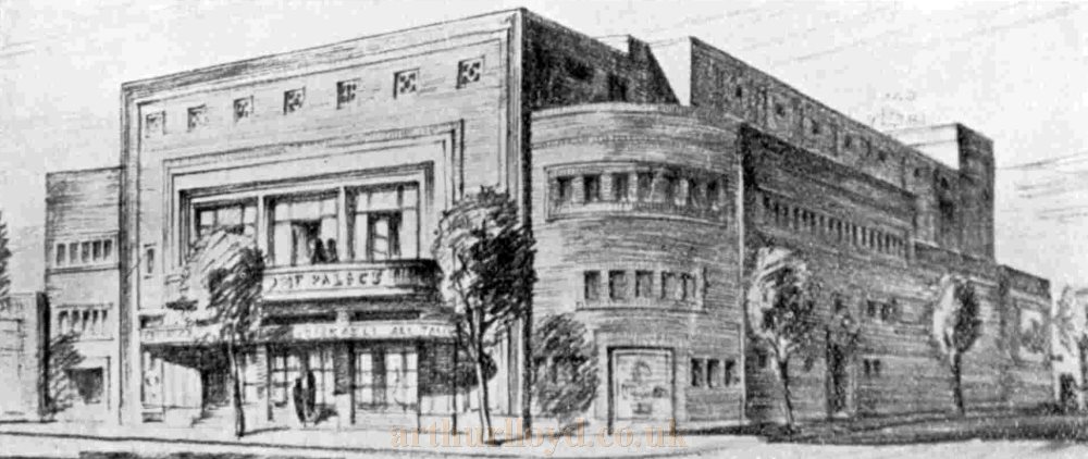 Architect William T. Benslyn's Perspective of the new Gaumont Palace Theatre, Taunton which would open in July 1932 - From The Bioscope, 9th of December 1931.