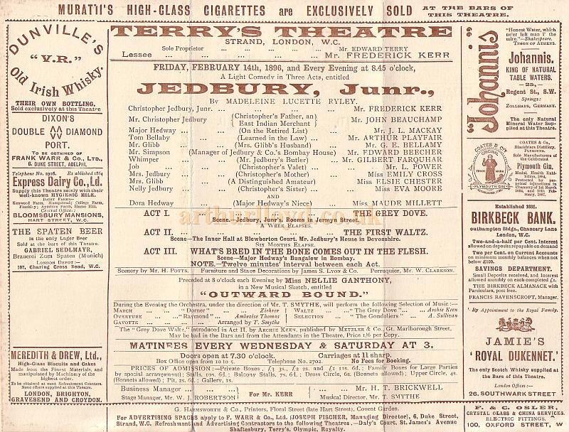 Programme for 'Jedbury Junr' at Terry's Theatre February 14th 1896 