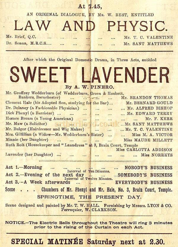 Programme detail for 'Law and Physic' and 'Sweet Lavender' at Terry's Theatre in 1888 