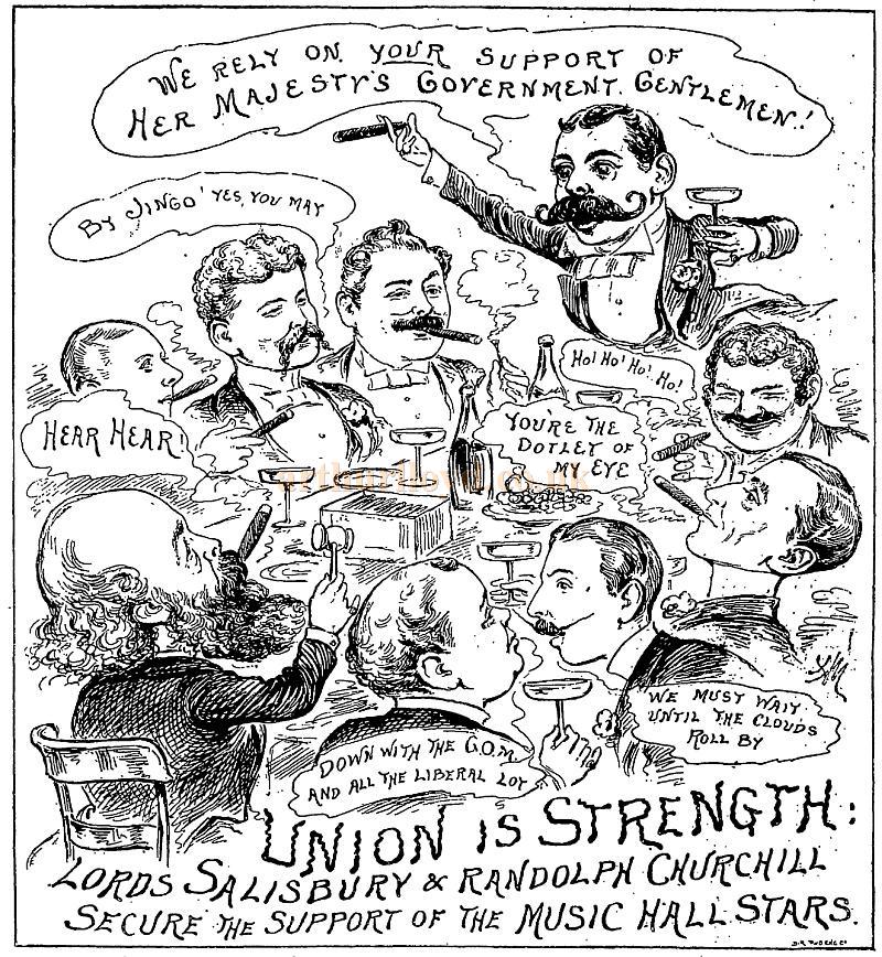 Lord Salisbury & Randolph Churchill Secure The Support of The Music Hall Stars - From The Penny Illustrated, issue 1313, Saturday August the 7th 1886