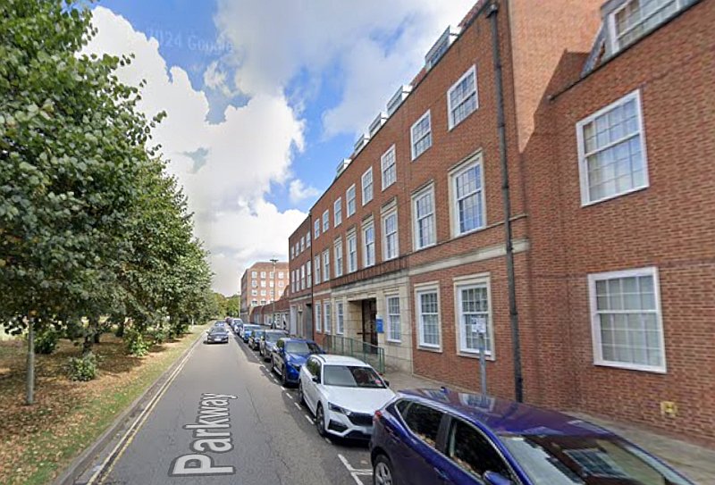 A Google StreetView Image showing Charter House, Parkway, Welwyn Garden City, the site of the former Welwyn Theatre / Embassy Cinema, in September 2024 - Click to Interact.