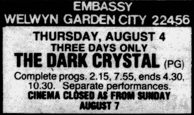 An Advertisement for the Closure of the Embassy Cinema Welwyn Garden City in 1983 - From the Hertford Mercury and Reformer, 5th of August 1983.
