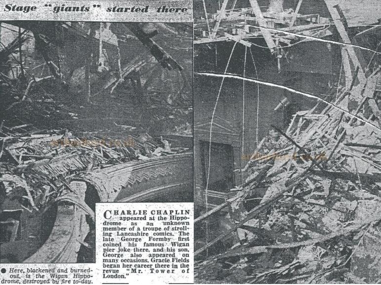 Photographs which appeared in the Evening Chronical on the 21st of April 1956 showing the fire damage to the Wigan Hippodrome - Courtesy George Richmond.