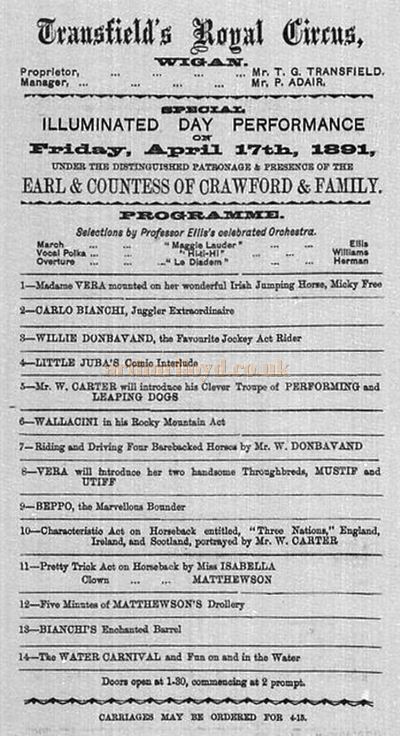 A rare surviving Bill for Transfield's Royal Circus on the 17th of April 1891 - Courtesy Roy Hunt.