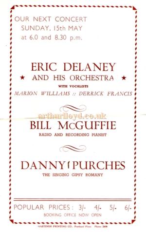 The back of a programme for a Sunday Concert featuring Ray Ellington and Marion Ryan at the Gaumont Theatre, Wimbledon on the 1st of May 1955. 