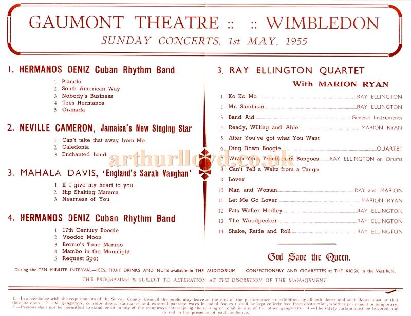 A programme for a Sunday Concert featuring Ray Ellington and Marion Ryan at the Gaumont Theatre, Wimbledon on the 1st of May 1955.