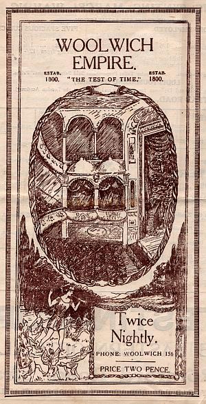 Programme for the Lew Lake revue 'The New Splinters' at the Woolwich Empire in August 1927, by the Les Rouges et Noirsat company, with music by David Hunter and lyrics by Douglas Furber. The programe cover shows an illustration of the auditorium and boxes - Courtesy John Earl.