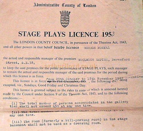 Licence for the Woolwich Empire to produce stage plays in 1953 - Courtesy John Earl.
