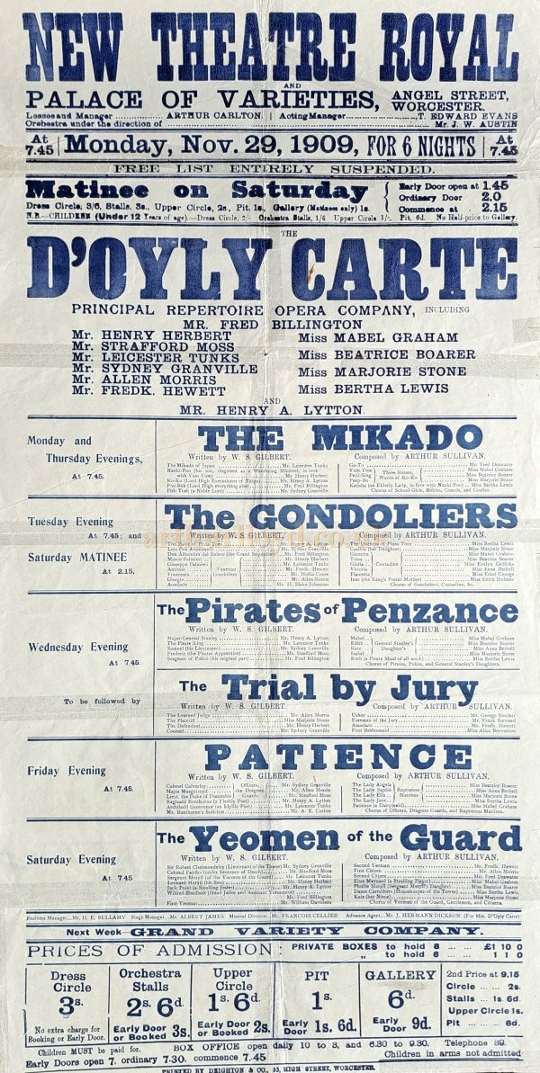 A Poster for the D'oyly Carte Company performing several Gilbert & Sullivan Operettas at the New Theatre Royal and Palace of Varieties, Worcester in November 1909 - Courtesy Simon Moss, stagememories from the John Cannon Collection. 