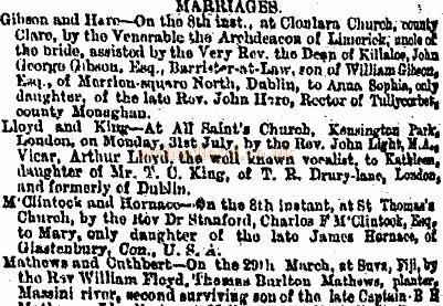Notice from the Irish Times of 1871 on the Marriage of Arthur Lloyd and Katty King. Notice from the Irish Times of 1871 on the Marriage of Arthur Lloyd and Katty King.